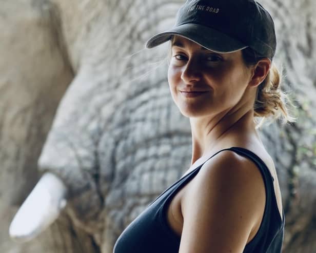 Shailene Woodley with an elephant in Chad. Picture: BBC Studios/PA.