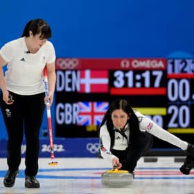 From left, Halley Duff, Eve Muirhead and Jennifer Dodds of Team Great Britain compete against Team Denmark during the Women's Curling Round Robin Session on Day 9 of the Beijing 2022 Winter Olympic Games.