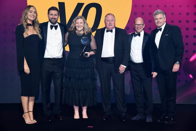 Co-host Laura Woods, Richard Atkinson (Ryder Cup Director), Katie Clayman (Head of Ryder Cup Team Services), David Garland (Director of Tour Operations), Guy Kinnings (Group CEO) and co-host Mark Durden-Smith pictured at last week's awards ceremony in London. Picture: Sport Industry Group