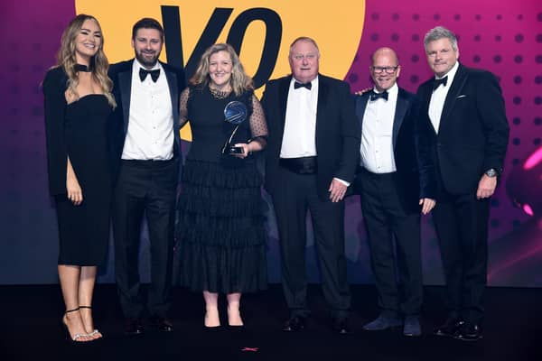 Co-host Laura Woods, Richard Atkinson (Ryder Cup Director), Katie Clayman (Head of Ryder Cup Team Services), David Garland (Director of Tour Operations), Guy Kinnings (Group CEO) and co-host Mark Durden-Smith pictured at last week's awards ceremony in London. Picture: Sport Industry Group