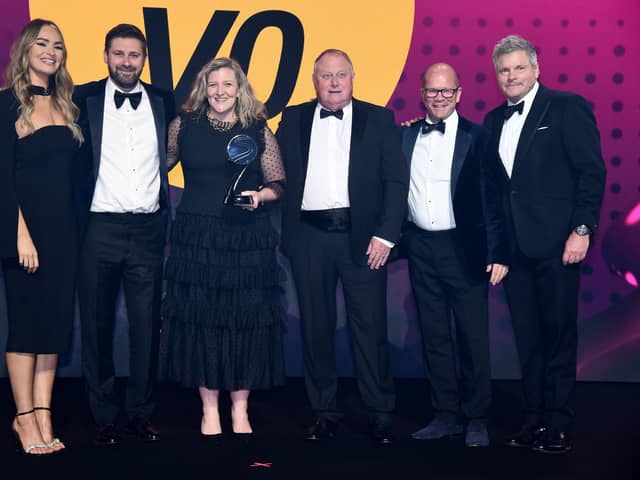 Co-host Laura Woods, Richard Atkinson (Ryder Cup Director), Katie Clayman (Head of Ryder Cup Team Services), David Garland (Director of Tour Operations), Guy Kinnings (Group CEO) and co-host Mark Durden-Smith pictured at last week's awards ceremony in London. Picture: Sport Industry Group