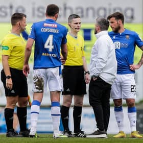 Hibs manager Lee Johnson questions referee Craig Napier at full time following the 1-1 draw with St Johnstone.