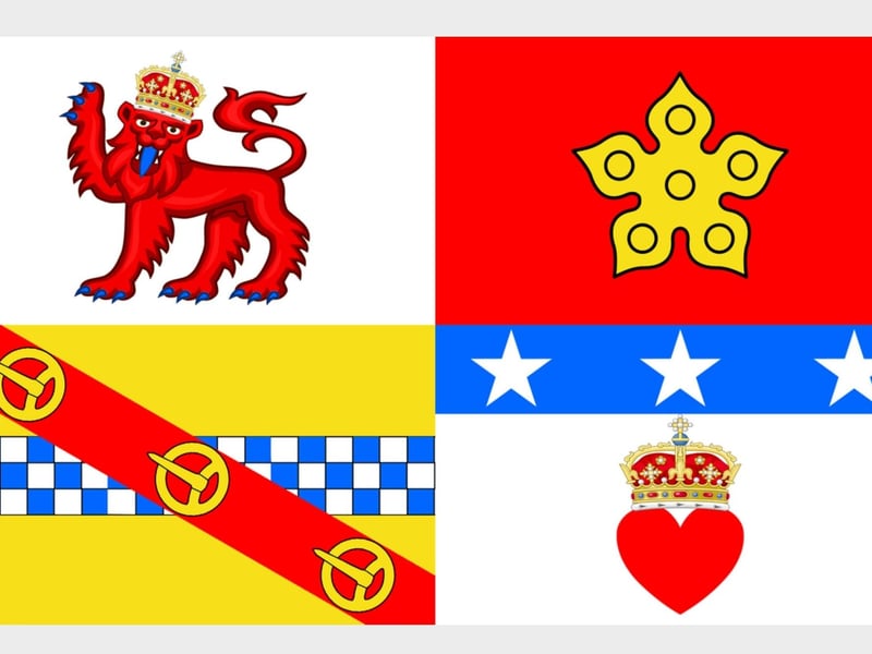 This heraldic flag is derived from the arms of the Angus council, it consists of four quarters - one with a red crowned lion passant, a gold cinquefoil, a depiction of the heart of Robert the Bruce, and a blue-white checked strip crossed with a buckled red belt.