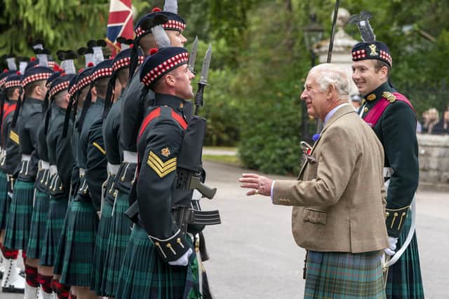 King Charles III inspects Balaklava Company, 5th Battalion, The Royal Regiment of Scotland, at the gates of Balmoral, as he takes up summer residence at the castle. Picture: Jane Barlow/PA Wire