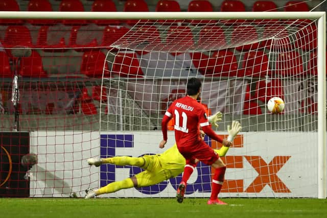 ANTWERPEN, BELGIUM - FEBRUARY 18: Lior Refaelov of Royal Antwerp scores their sides second goal from the penalty spot past Allan McGregor of Rangers during the UEFA Europa League Round of 32 match between Royal Antwerp FC and Rangers FC at Bosuilstadion on February 18, 2021 in Antwerpen, Belgium. Sporting stadiums around Belgium remain under strict restrictions due to the Coronavirus Pandemic as Government social distancing laws prohibit fans inside venues resulting in games being played behind closed doors. (Photo by Dean Mouhtaropoulos/Getty Images)