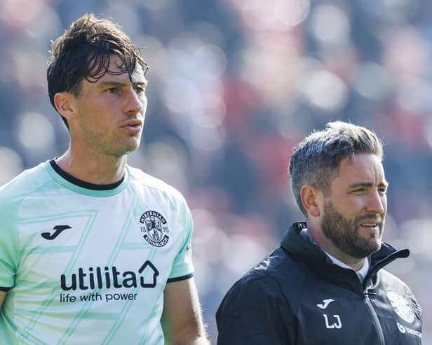 Hibs midfielder Joe Newell, left, and manager Lee Johnson after the draw with Aberdeen.