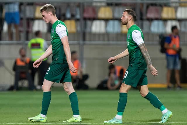 Hibs' Jake Doyle-Hayes (L) and Martin Boyle were dejected figures as the Easter Road side's  European ambitions were shredded by Rijeka, in Croatia. Photo by Nikola Krstic / SNS Group
