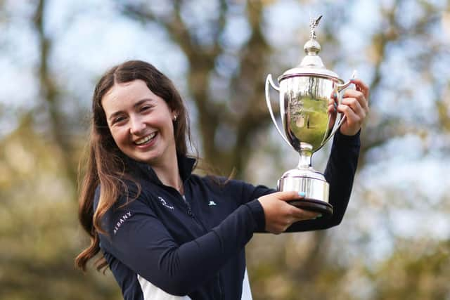 North Berwick's Grace Craawford celebrates her win last weekend in the R&A Girls' Under-16 Amateur at Enville Golf Club in Stourbridge. Picture: Naomi Baker/R&A/R&A via Getty Images.