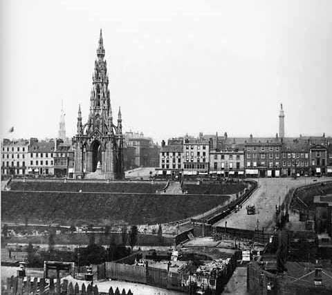 View of the Scott Monument and Princes Street from Edinburgh's Old Town.