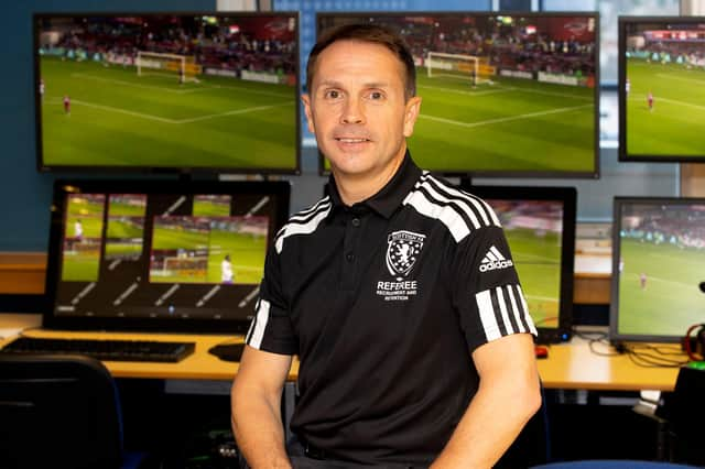 Crawford Allan, head of referee operations at the Scottish FA, at a Hampden training session in VAR.  (Photo by Alan Harvey / SNS Group)