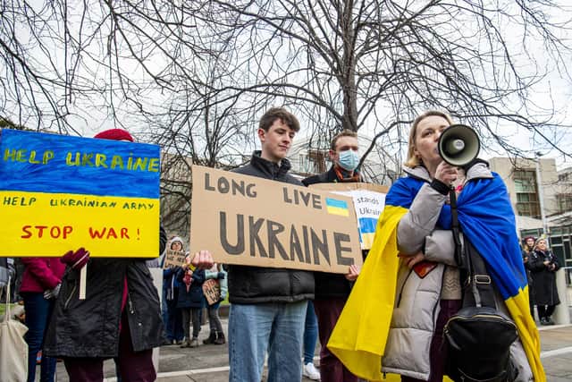 Protesters at Holyrood on Saturday. Picture: Lisa Ferguson/JPIMedia



STAND WITH UKKRAINE SUPPORTERS PROTEST OUTSIDE THE SCOTTISH PARLIAMENT TODAY ABOUT THE INVASION OF THEIR COUNTRY FROM RUSSIA AND PLEAD FOR PUTIN TO STOP