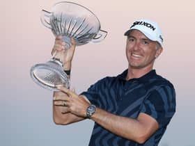 Martin Laird celebrates with the trophy after winning the Shriners Hospitals For Children Open at TPC Summerlin in Las Vegas. Picture: Matthew Stockman/Getty Images