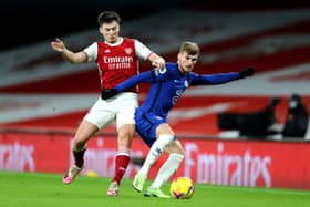 Kieran Tierney of Arsenal and Timo Werner of Chelsea in action during the Premier League match at the Emirates on Boxing Day. (Photo by Chloe Knott - Danehouse/Getty Images)
