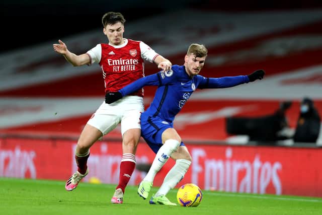Kieran Tierney of Arsenal and Timo Werner of Chelsea in action during the Premier League match at the Emirates on Boxing Day. (Photo by Chloe Knott - Danehouse/Getty Images)