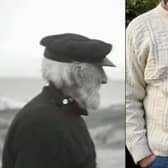 Eriskay Ganseys were high-necked numbers secured by buttons (Left) with expertly knitted patterns and symbols woven into them as shown in Matthew Topsfield's presentation with the Scottish Fisheries Museum (Right).