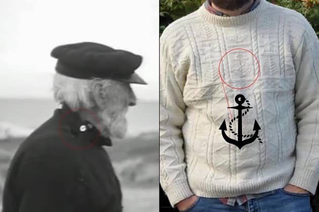 Eriskay Ganseys were high-necked numbers secured by buttons (Left) with expertly knitted patterns and symbols woven into them as shown in Matthew Topsfield's presentation with the Scottish Fisheries Museum (Right).