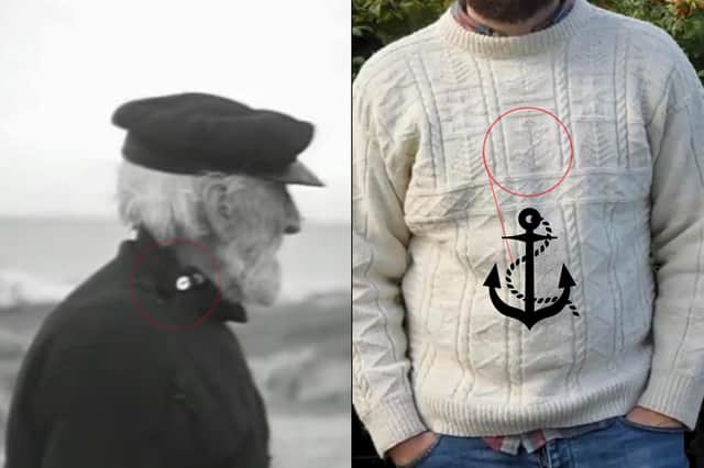 Eriskay Ganseys were high-necked numbers secured by buttons (Left) with expertly knitted patterns and symbols woven into them as shown in Matthew Topsfield's presentation with the Scottish Fisheries Museum (Right).