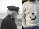 Eriskay Ganseys were high-necked numbers secured by buttons (Left) with expertly knitted patterns and symbols woven into them as shown in Matthew Topsfield's presentation with the Scottish Fisheries Museum (Right).