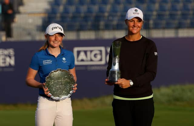Leading amateur Louise Duncan and AIG Women's Open winner Anna Nordqvist show off their trophies at Carnoustie. Picture: Andrew Redington/Getty Images.