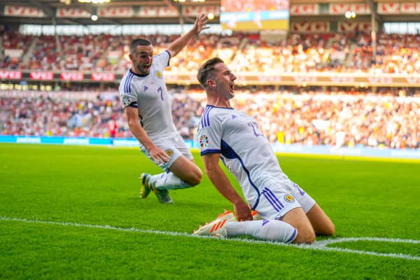 Scotland's Kenny McLean celebrates after scoring his late winner over Norway in Oslo. (Photo by FREDRIK VARFJELL/NTB/AFP via Getty Images)