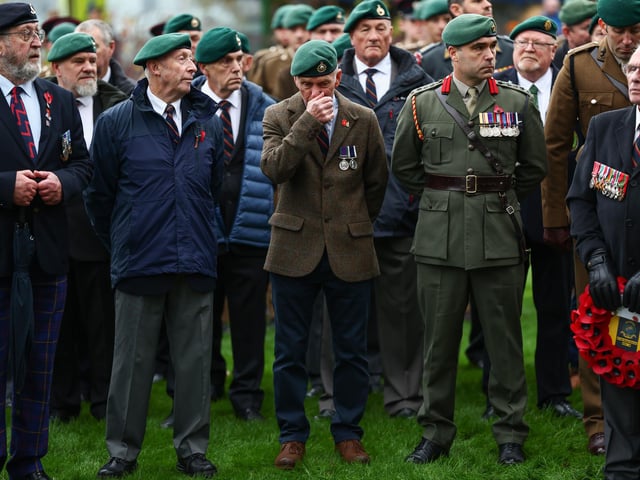 Veterans and serving members of the armed forces gather to commemorate and pay respect to the sacrifice of service men and women who fought in the two World Wars and subsequent conflicts on November 10, 2024 in Fort William