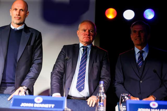 Rangers chairman John Bennett (centre) alongside manager Philippe Clement and non-executive director John Halsted during the 2023 Rangers AGM at New Edimiston House. (Photo by Craig Williamson / SNS Group)