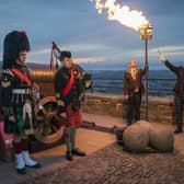 A Platinum Jubilee beacon is lit by Lord Provost Robert Aldridge and Commander of Edinburgh Garrison Lieutenant Colonel Lorne Campbell at Edinburgh Castle