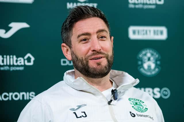 Lee Johnson during a Hibs press conference ahead of the weekend trip to Dundee United. (Photo by Ross Parker / SNS Group)