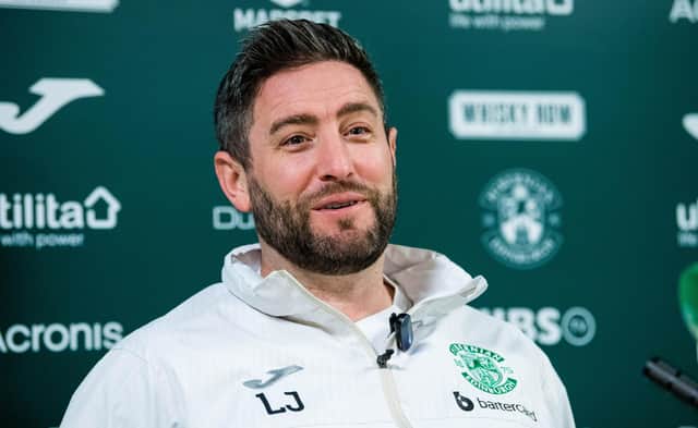 Lee Johnson during a Hibs press conference ahead of the weekend trip to Dundee United.  (Photo by Ross Parker / SNS Group)
