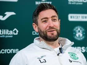 Lee Johnson during a Hibs press conference ahead of the weekend trip to Dundee United.  (Photo by Ross Parker / SNS Group)