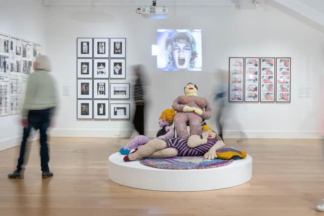 Installation view of Women in Revolt! showing Untitled Rug and Figures by Rita McGurn PIC: Julie Howden Photography