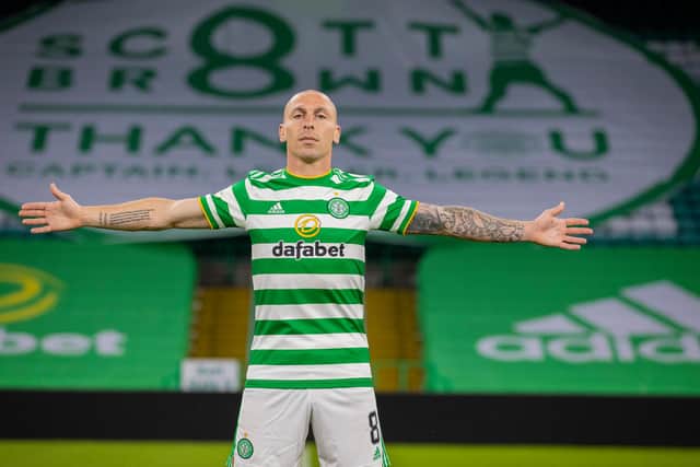 Scott Brown stands alone on the Celtic Park pitch after his final home game for club that came on Wedneday with the 4-0 win over St Johnstone. (Photo by Craig Williamson / SNS Group)