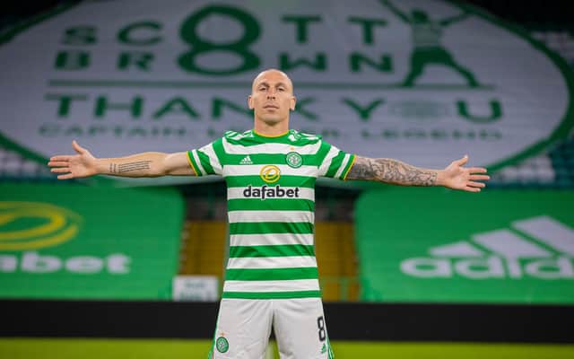 Scott Brown stands alone on the Celtic Park pitch after his final home game for club that came on Wedneday with the 4-0 win over St Johnstone. (Photo by Craig Williamson / SNS Group)