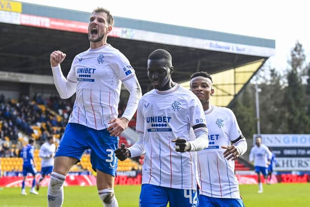 Rangers celebrate Mohamed Diomande's opener at McDiarmid Park.