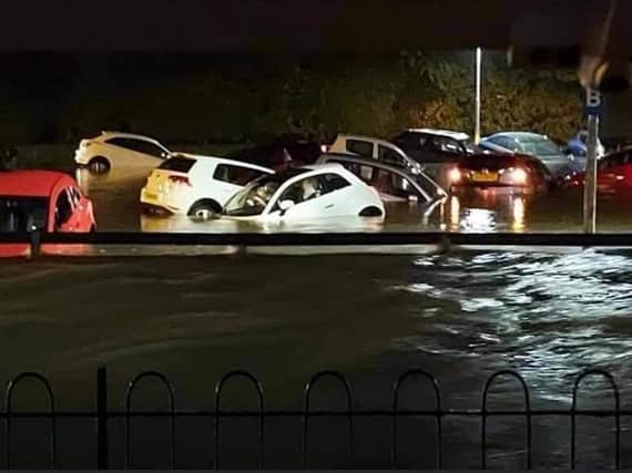 Cars were damaged after the flooding at car parks at Victoria Hospital in Kirkcaldy. Pic: Annie Blair.