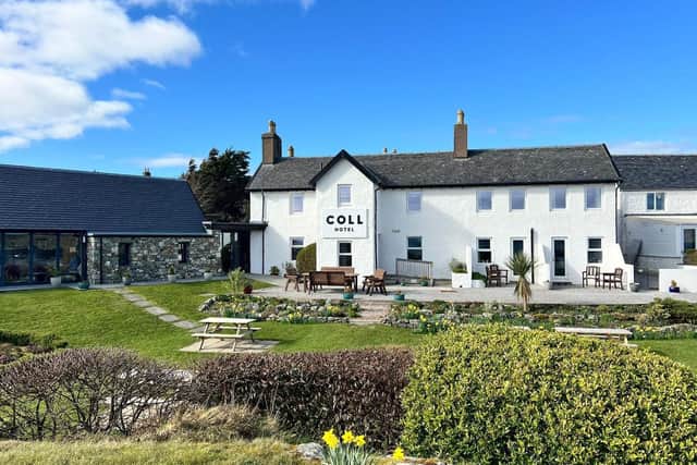 A view of the front of The Coll Hotel, located in Arinagour on the Isle of Coll.