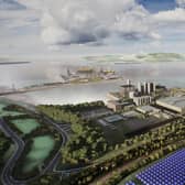 A computer-generated image of the forthcoming Hunterston Parc facility now set to be powered with renewable energy by SSE. Picture: contributed.