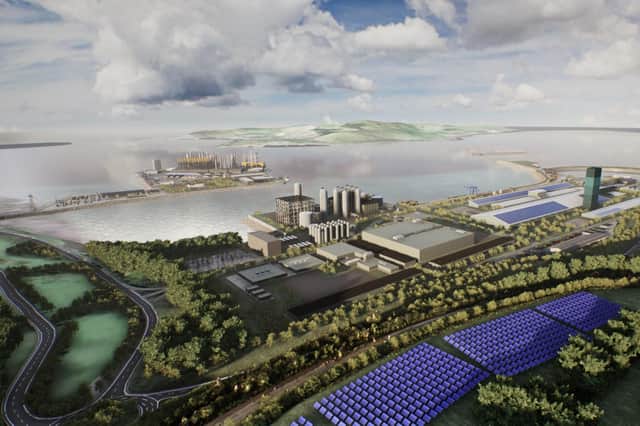 A computer-generated image of the forthcoming Hunterston Parc facility now set to be powered with renewable energy by SSE. Picture: contributed.