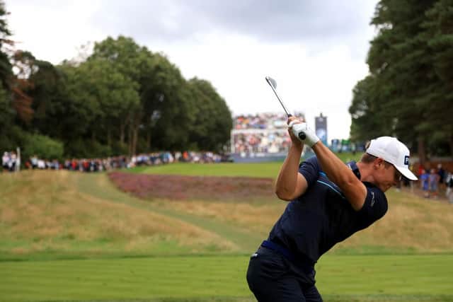 Calum Hill hits his tee shot on the 14th during the first round of the BMW PGA Championship at Wentworth. Picture: Andrew Redington/Getty Images.