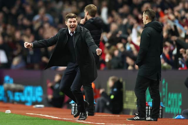 Steven Gerrard celebrates after Ollie Watkins fires Aston Villa into the lead against Brighton. (Photo by Ryan Pierse/Getty Images)