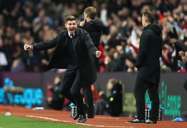 Steven Gerrard celebrates after Ollie Watkins fires Aston Villa into the lead against Brighton. (Photo by Ryan Pierse/Getty Images)