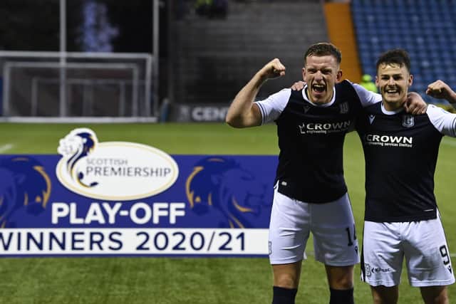 Dundee's Lee Ashcroft (L) and Danny Mullen at full time during a Scottish Premiership play-off final second leg match between Kilmarnock and Dundee at the BBSP Stadium, Rugby Park, on May 24, 2021, in Kilmarnock, Scotland. (Photo by Rob Casey / SNS Group)â€(R)
