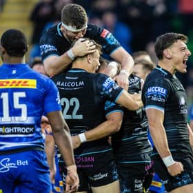 Glasgow Warriors' Jamie Dobie celebrates after Ross Thompson's late try in the United Rugby Championship Play-Off Quarter-Final win over DHL Stormers at Scotstoun Stadium. (Photo by Ross Parker / SNS Group)