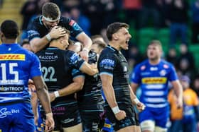 Glasgow Warriors' Jamie Dobie celebrates after Ross Thompson's late try in the United Rugby Championship Play-Off Quarter-Final win over DHL Stormers at Scotstoun Stadium. (Photo by Ross Parker / SNS Group)
