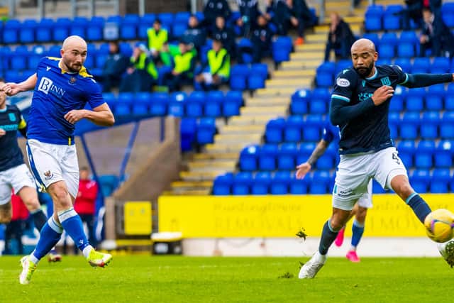 St Johnstone's Chris Kane scores his side's opener in the 3-1 defeat of Dundee - unusually both sides were allowed to play in blue (Photo by Roddy Scott / SNS Group)