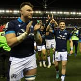 George Horne, centre, celebrates Scotland's win over Wales last month. (Photo by Craig Williamson / SNS Group)