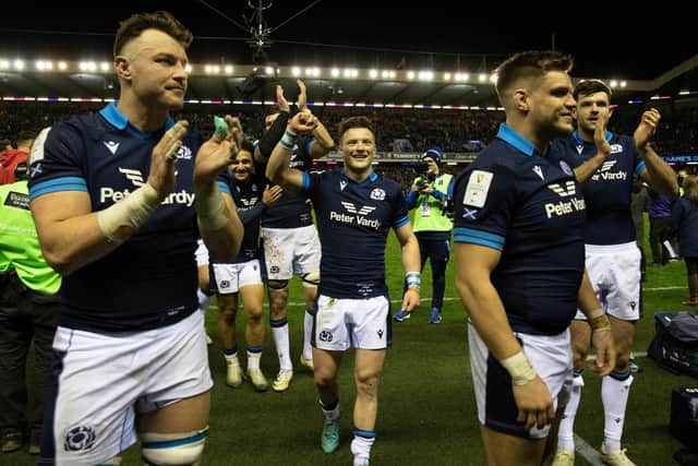George Horne, centre, celebrates Scotland's win over Wales last month. (Photo by Craig Williamson / SNS Group)