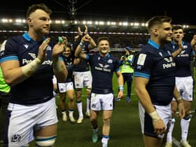George Horne, centre, celebrates Scotland's win over Wales last month. (Photo by Craig Williamson / SNS Group)