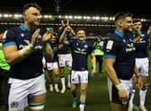 George Horne, centre, celebrates Scotland's win over Wales last month. (Photo by Craig Williamson / SNS Group)
