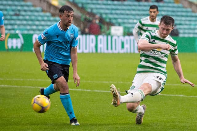 Celtic's Anthony Ralston nets the fifth in the 6-0 win by Ange Postecoglou's men in their last home meeting with Dundee, in early August. The Celtic manager doesn't expect as "open" an encounter as the Tayside club return to the scene of that mauling under new manager Mark McGhee. (Photo by Craig Williamson / SNS Group)